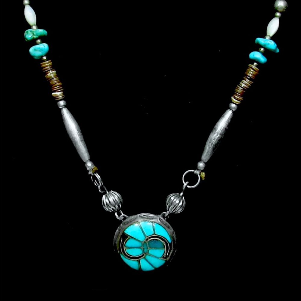 Signed - Sandra Quandelacy, Zuni. Vintage Turquoise Inlay Fetish Heishi Necklace